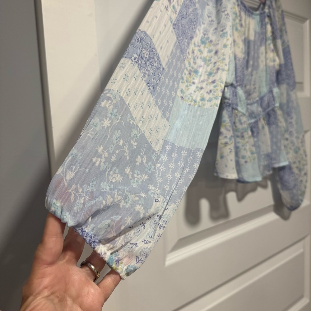 Pink Rose Blue and White Smocked Peplum Patchwork Blouse - Picture 5 of 7